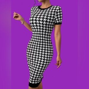 Elegant Black and White Houndstooth Short Sleeve Bodycon Dress | Women’s Small
